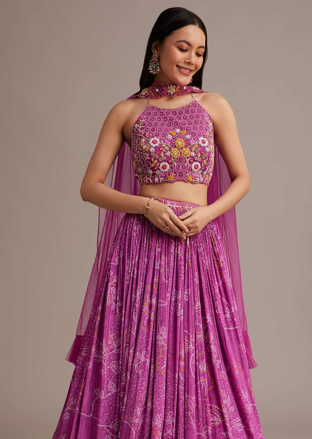 Purple Hand Embroidered Choli With Bandhani Print Lehenga And Choker Net Dupatta