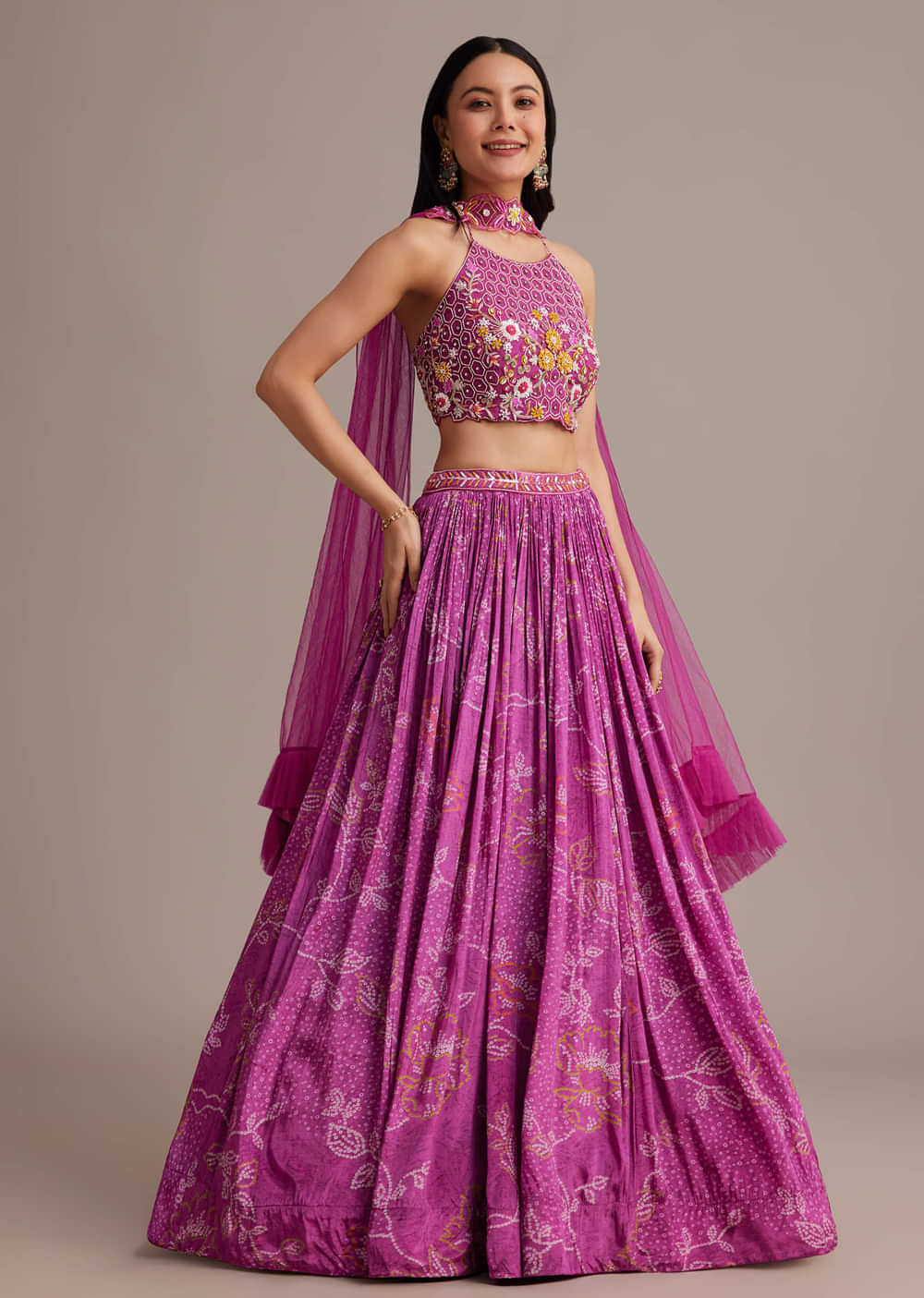 Purple Hand Embroidered Choli With Bandhani Print Lehenga And Choker Net Dupatta