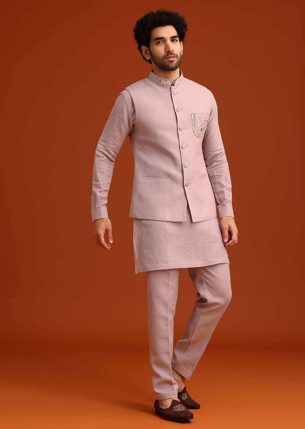 Purple Hand Embroidered Jacket And Kurta Set