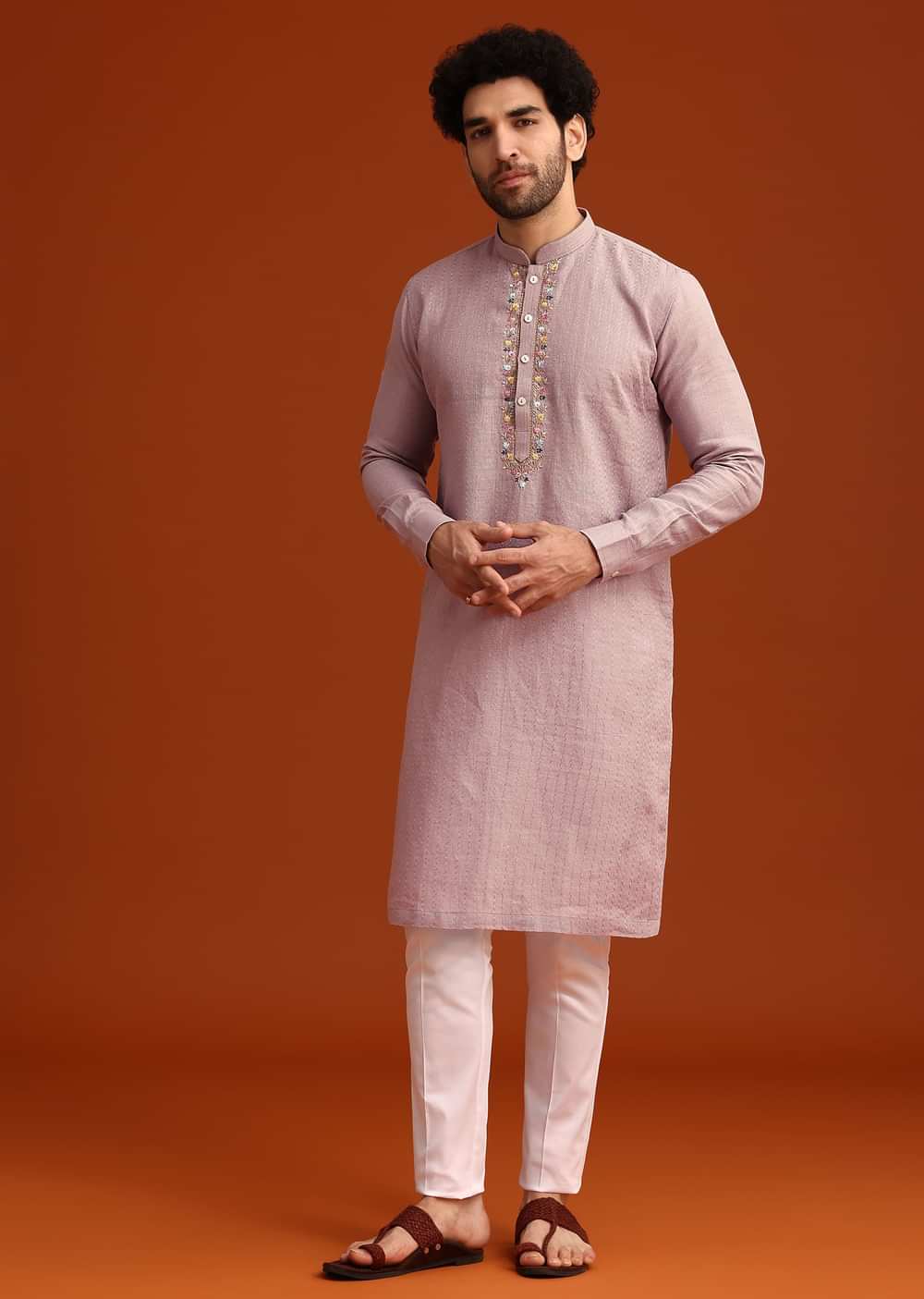 Purple Hand Embroidered Kurta And Pant Set In Linen