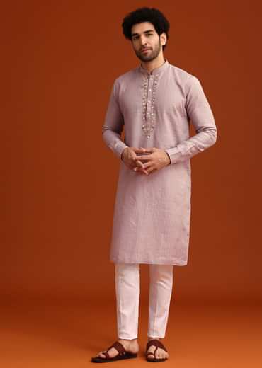 Purple Hand Embroidered Kurta And Pant Set In Linen