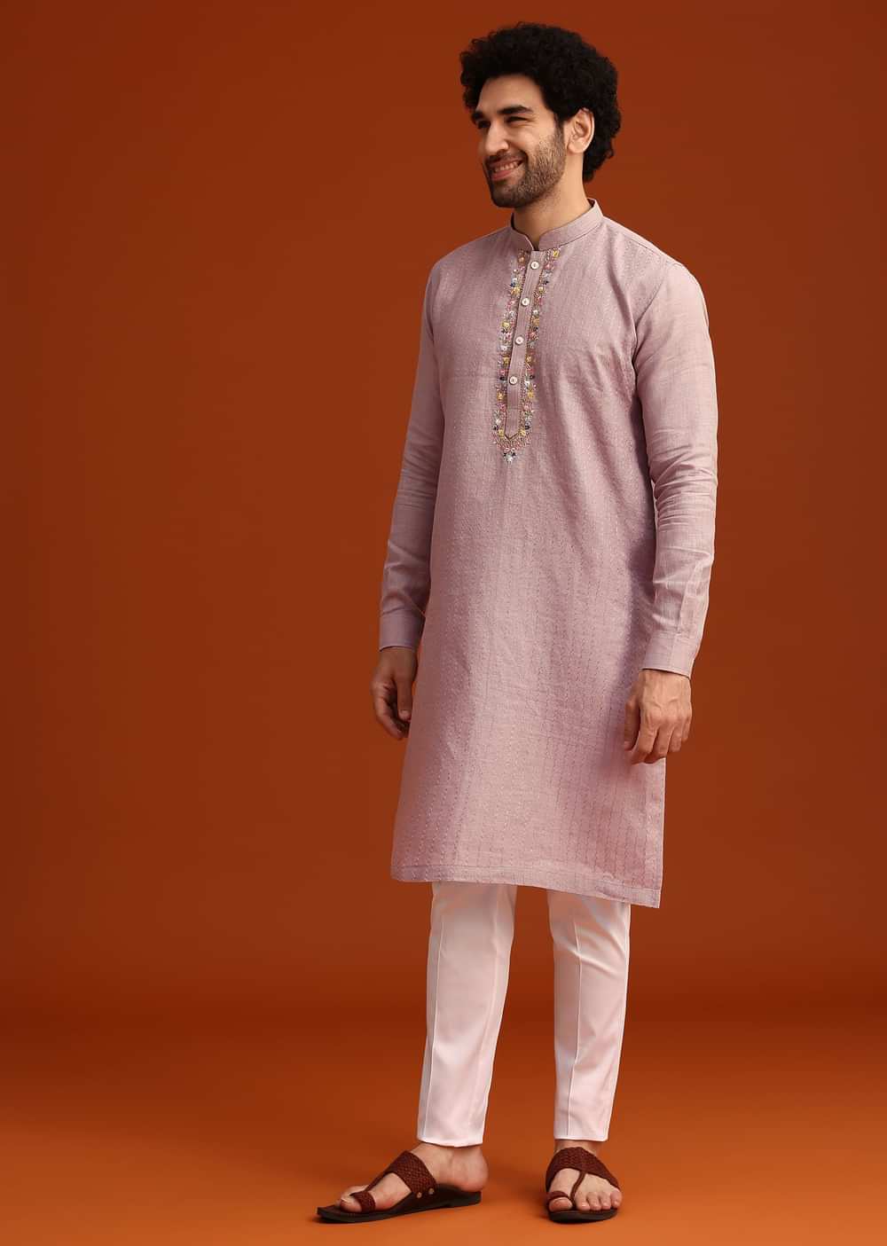 Purple Hand Embroidered Kurta And Pant Set In Linen