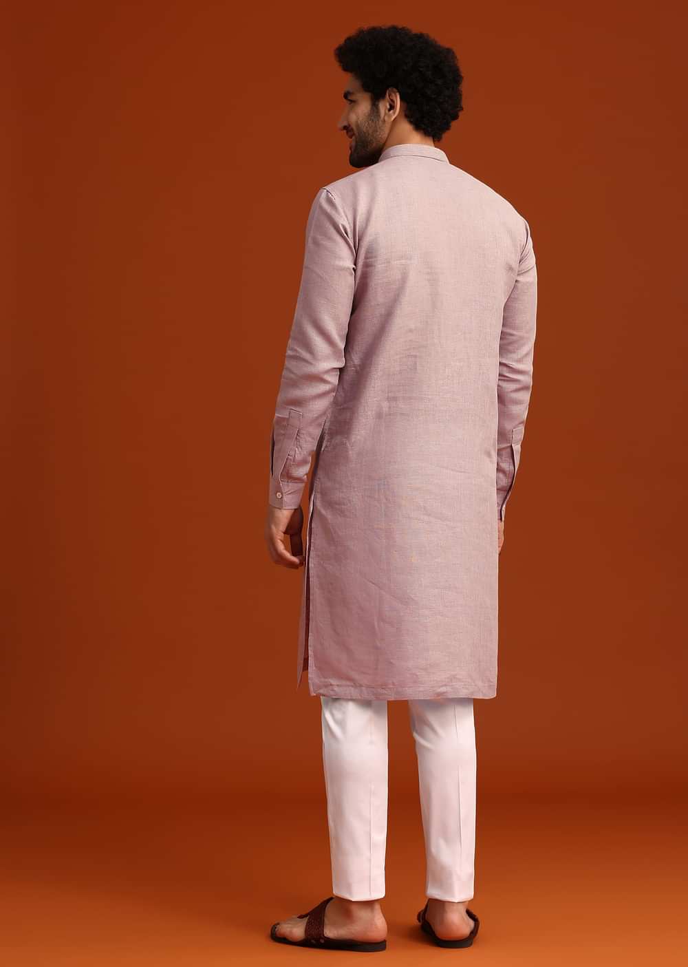 Purple Hand Embroidered Kurta And Pant Set In Linen