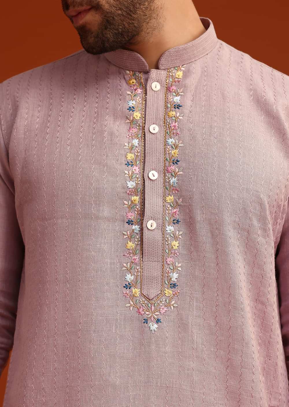 Purple Hand Embroidered Kurta And Pant Set In Linen