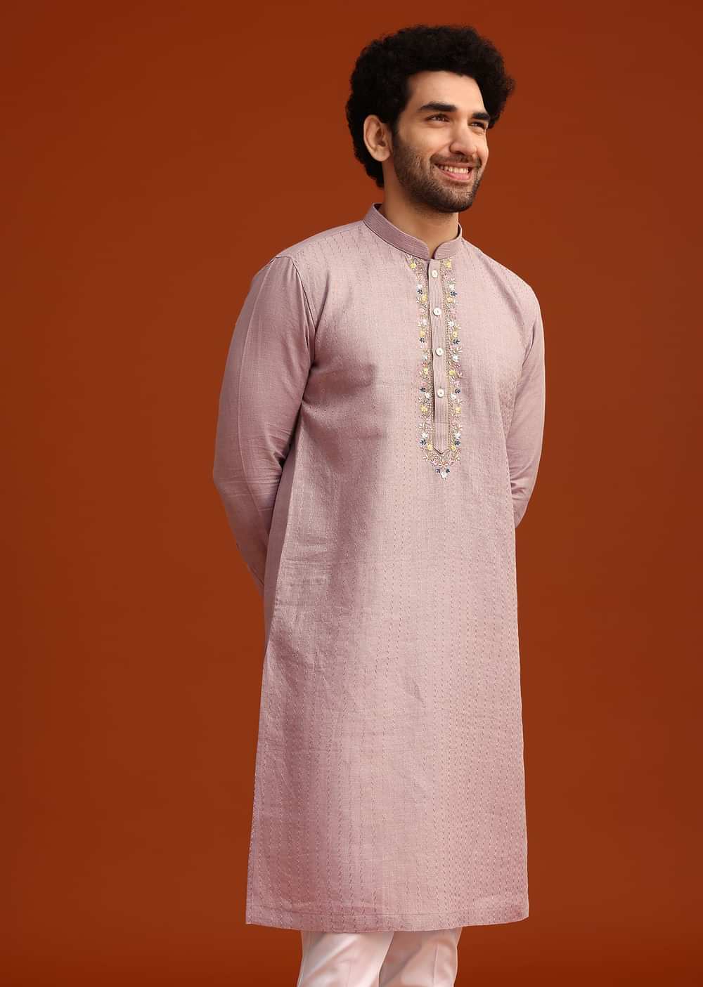 Purple Hand Embroidered Kurta And Pant Set In Linen