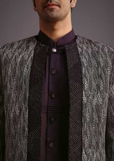 Purple Hand Work Jacket Kurta Set