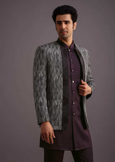 Purple Hand Work Jacket Kurta Set