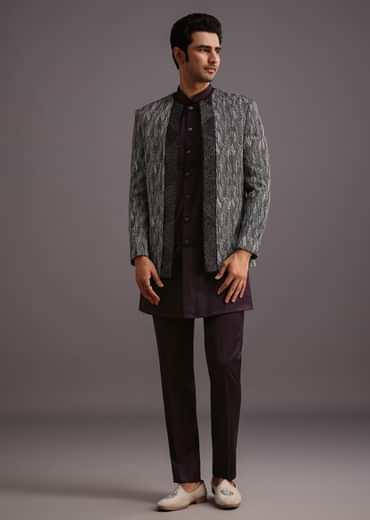 Purple Hand Work Jacket Kurta Set