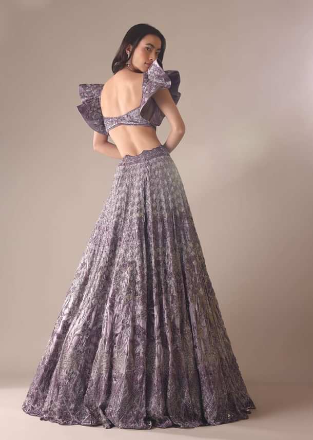 Purple Heavy Geometric Bridal Lehenga With Fancy Sleeves