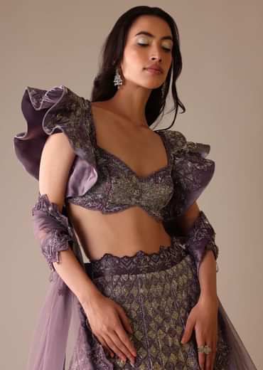 Purple Heavy Geometric Bridal Lehenga With Fancy Sleeves
