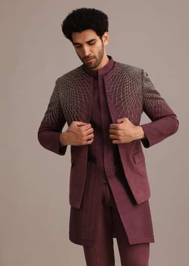 Purple Jacquard Indo Western Set With Zardozi Embroidery