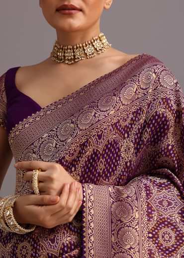 Purple Khaddi Georgette Woven Saree In Bandhani Detail With Gotta Patti Border