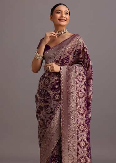Purple Khaddi Georgette Woven Saree In Bandhani Detail With Gotta Patti Border
