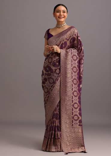 Purple Khaddi Georgette Woven Saree In Bandhani Detail With Gotta Patti Border