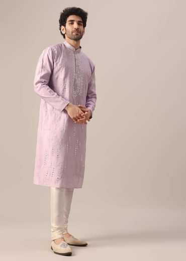 Purple Kurta With Churidar In Art Silk With Mirror Embellishments