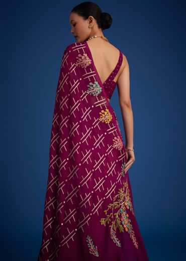 Purple Leaf woven Saree With Linear Pattern Accents