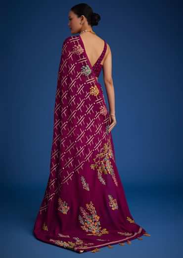 Purple Leaf woven Saree With Linear Pattern Accents
