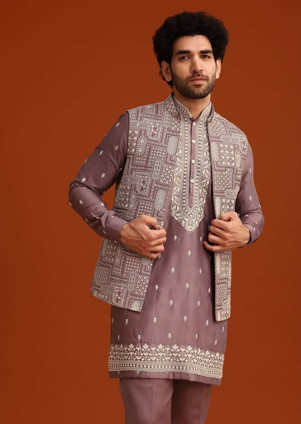 Purple Linen Satin Embroidered Jacket Kurta Set