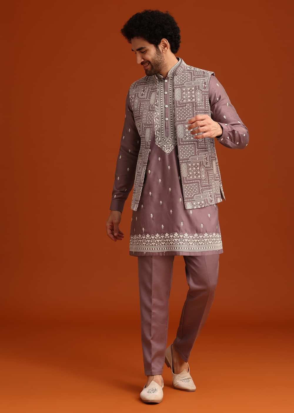 Purple Linen Satin Embroidered Jacket Kurta Set