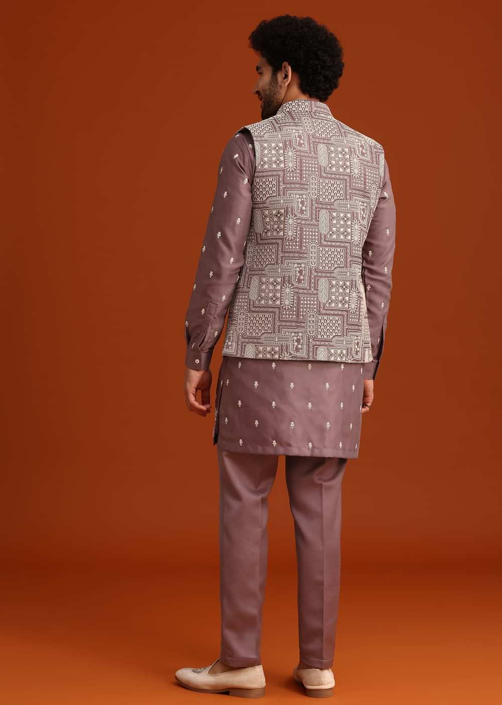 Purple Linen Satin Embroidered Jacket Kurta Set