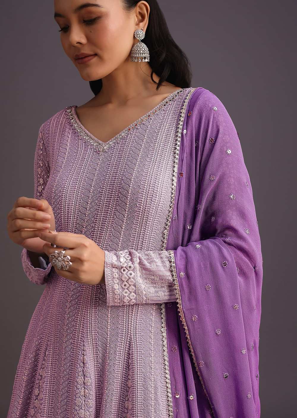 Purple Lucknowi Anarkali With Sequin Work Dupatta