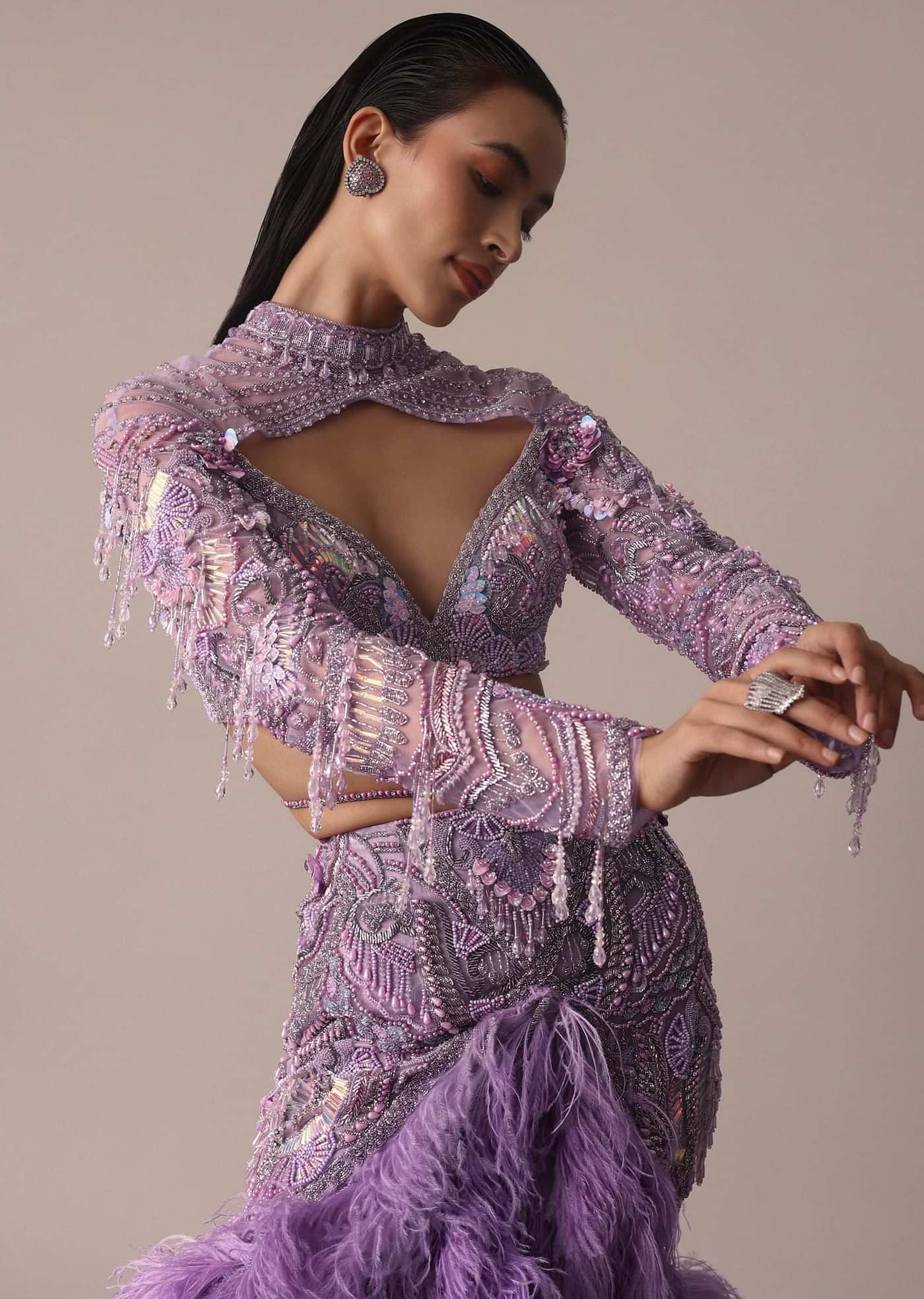 Purple Fish Cut Trail Skirt Lehenga Set with 3D Crystal And Feather Detailing
