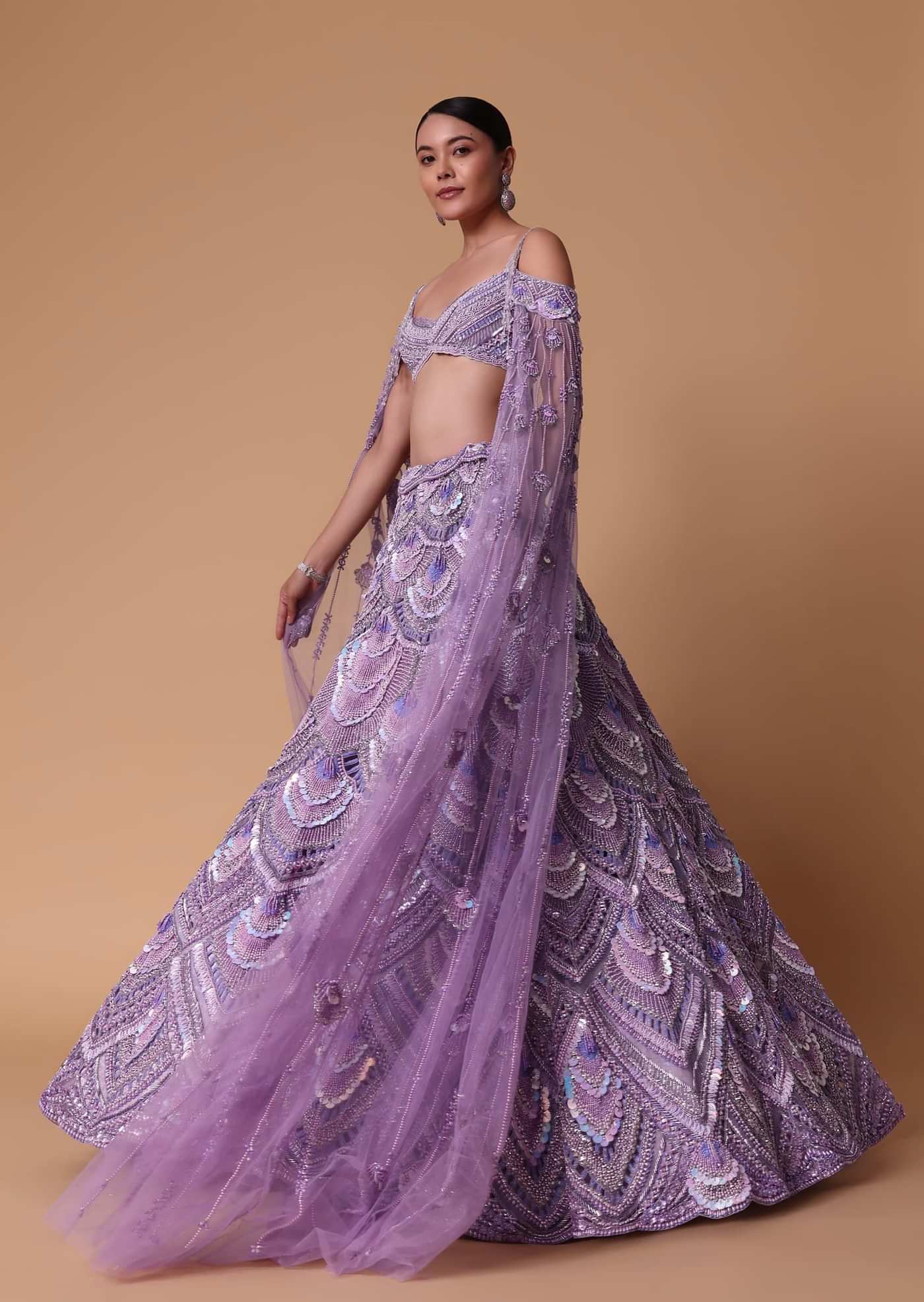 Lavender Pearl Embellished Lehenga Wth Off Shoulder Draped Cape