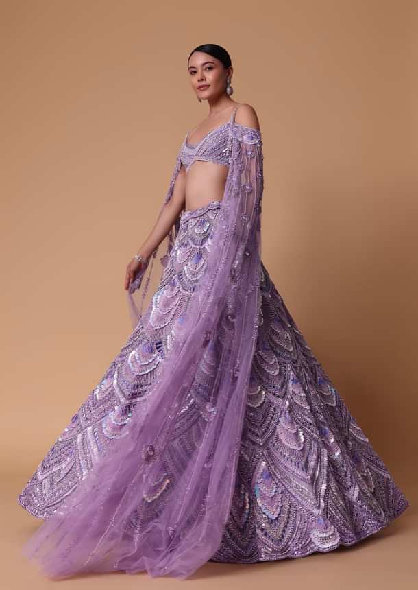 Lavender Pearl Embellished Lehenga Wth Off Shoulder Draped Cape