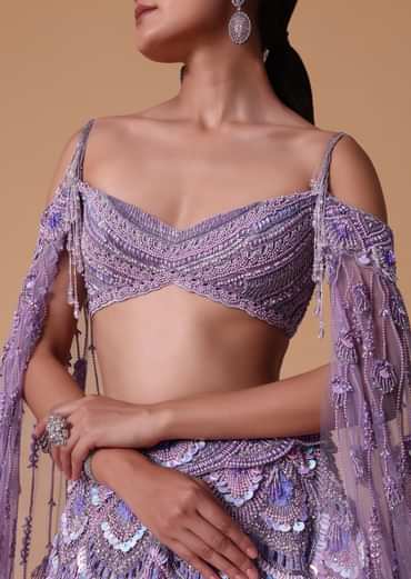Lavender Pearl Embellished Lehenga Wth Off Shoulder Draped Cape