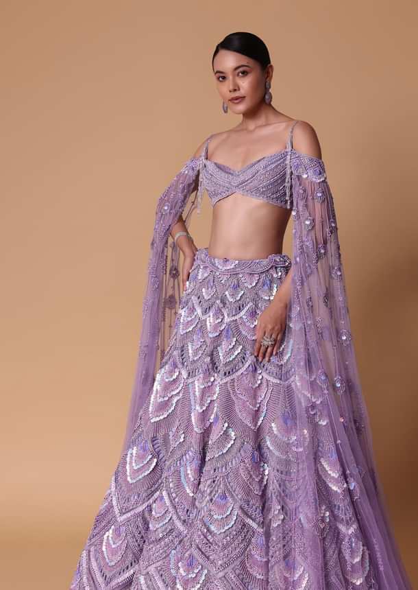 Lavender Pearl Embellished Lehenga Wth Off Shoulder Draped Cape
