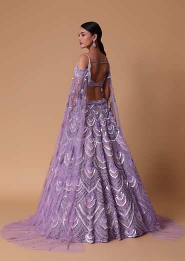 Lavender Pearl Embellished Lehenga Wth Off Shoulder Draped Cape