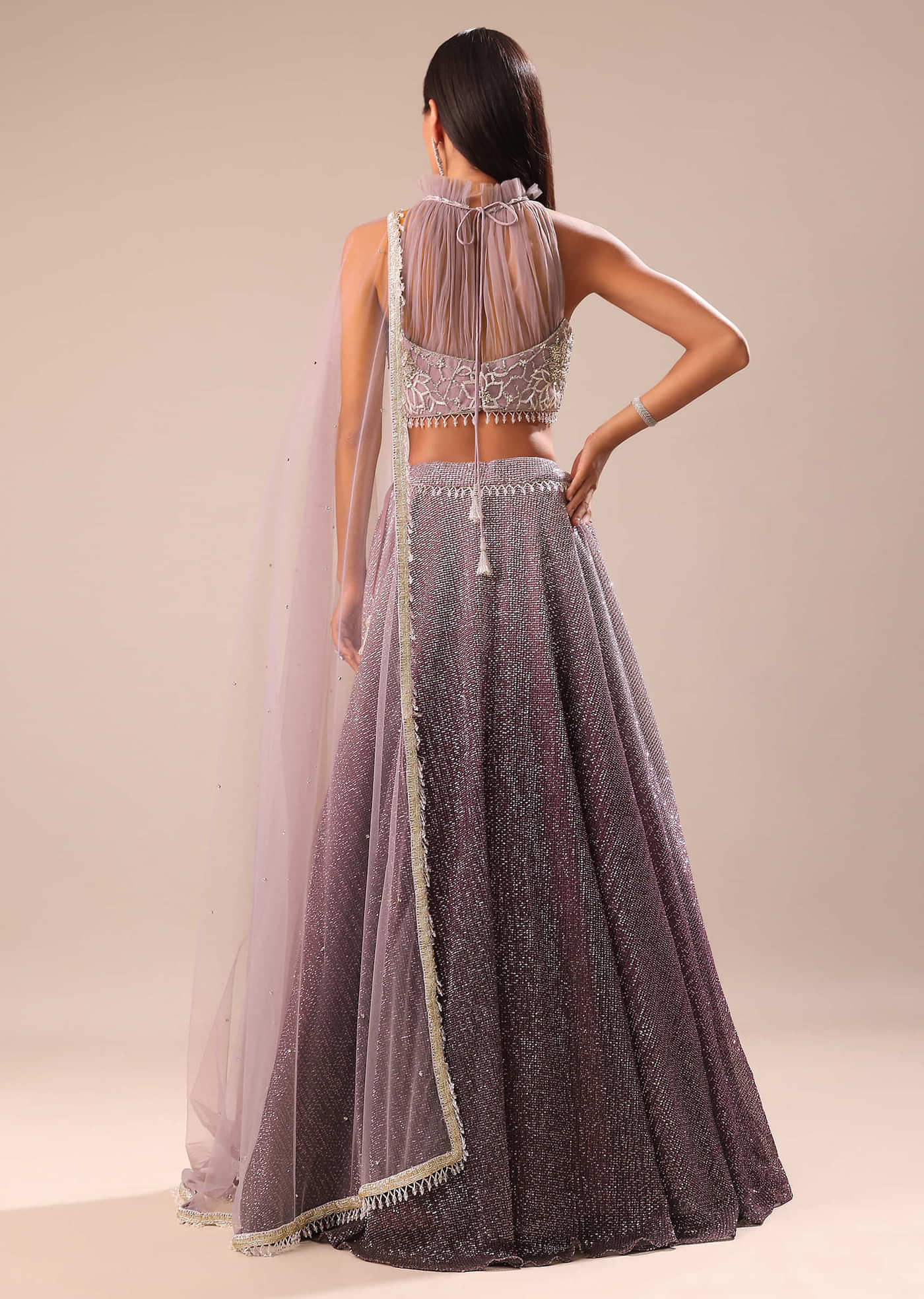 Purple Ombre Sequin Lehenga With Ruched Halter Blouse