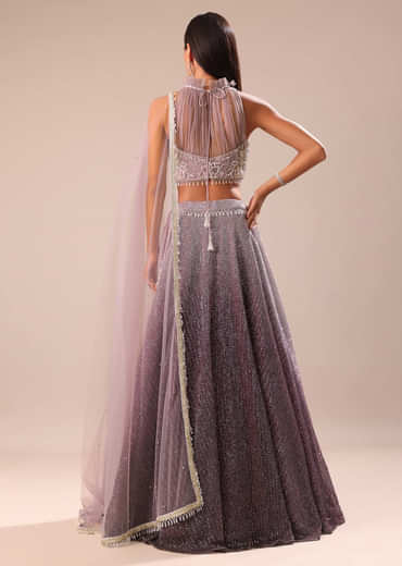 Purple Ombre Sequin Lehenga With Ruched Halter Blouse