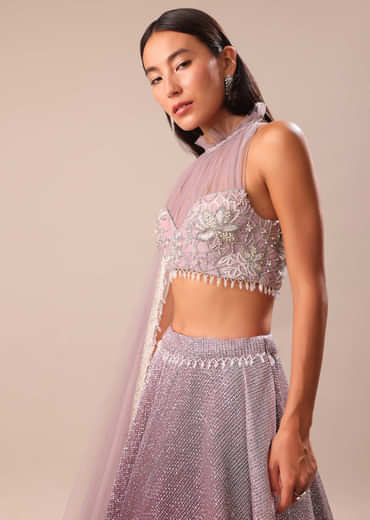 Purple Ombre Sequin Lehenga With Ruched Halter Blouse