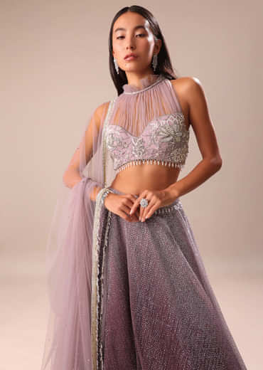 Purple Ombre Sequin Lehenga With Ruched Halter Blouse