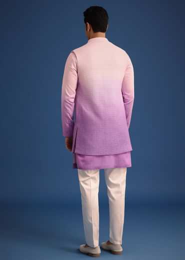 Purple Ombre Silk Zardozi Work Long Jacket And Kurta Set
