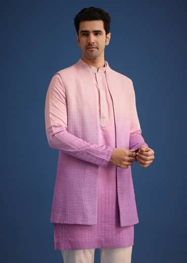 Purple Ombre Silk Zardozi Work Long Jacket And Kurta Set