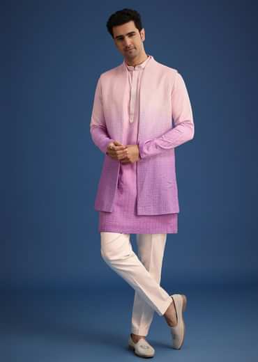 Purple Ombre Silk Zardozi Work Long Jacket And Kurta Set