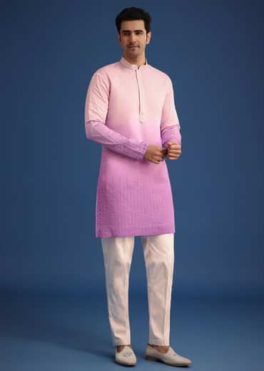 Purple Ombre Silk Zardozi Work Long Jacket And Kurta Set