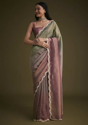 Purple Ombre Tissue Saree With Scallop Border