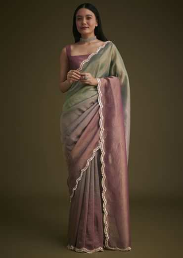 Purple Ombre Tissue Saree With Scallop Border