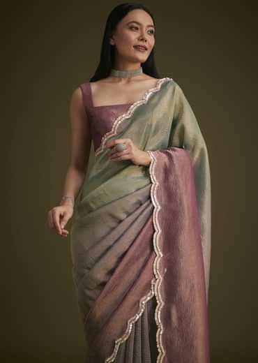 Purple Ombre Tissue Saree With Scallop Border