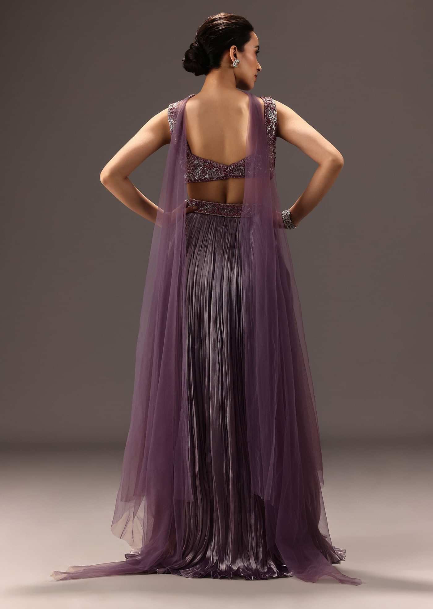 Purple Organza Hand Embellished Ruched Lehenga Set With Choker Dupatta