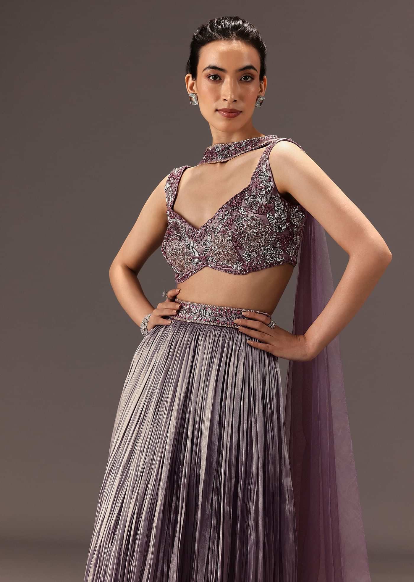 Purple Organza Hand Embellished Ruched Lehenga Set With Choker Dupatta