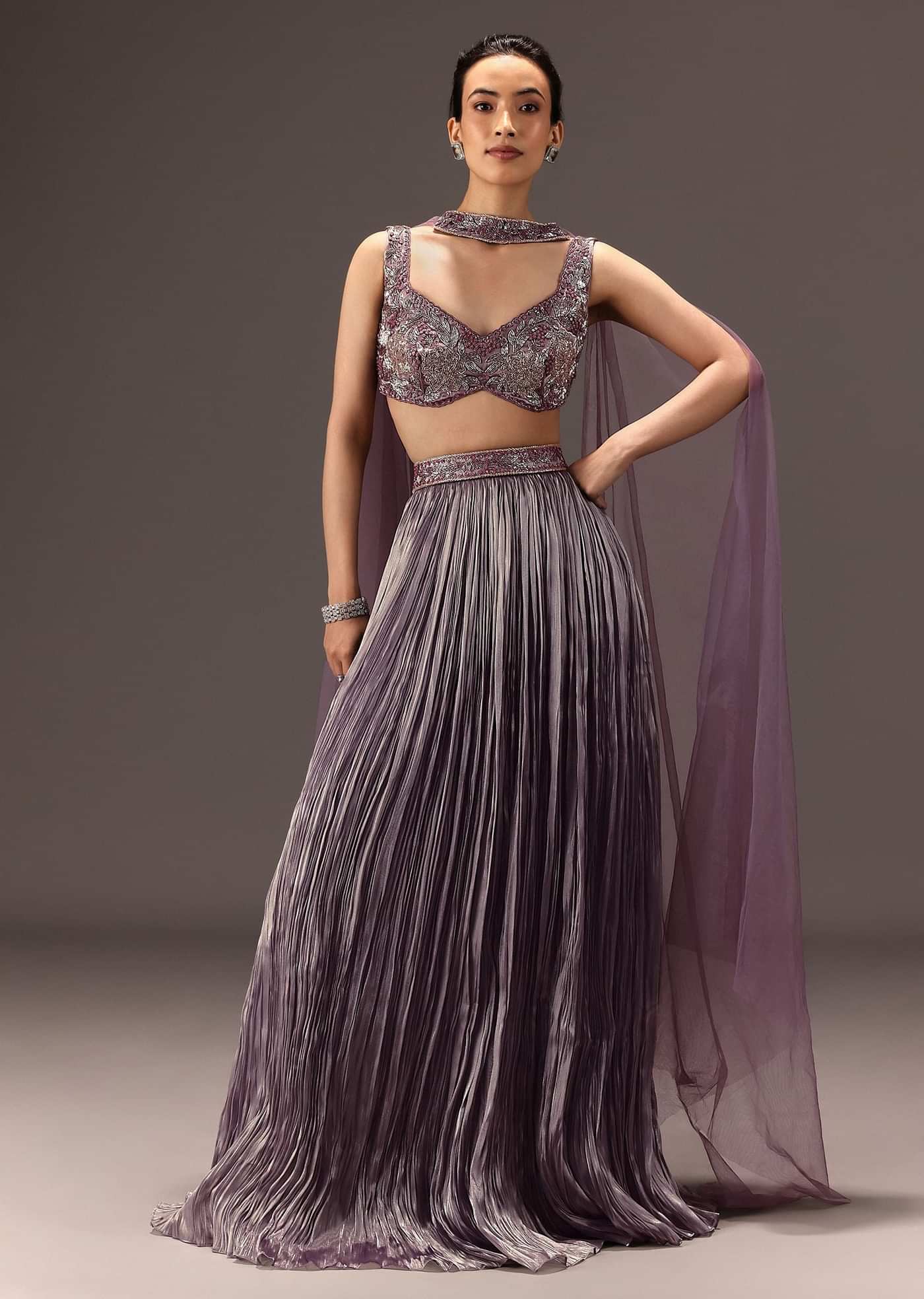 Purple Organza Hand Embellished Ruched Lehenga Set With Choker Dupatta