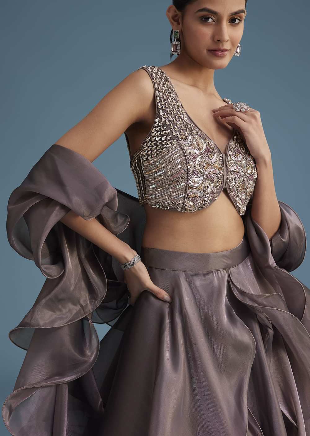 Purple Organza Ruffle Lehenga Set With Embellished Blouse