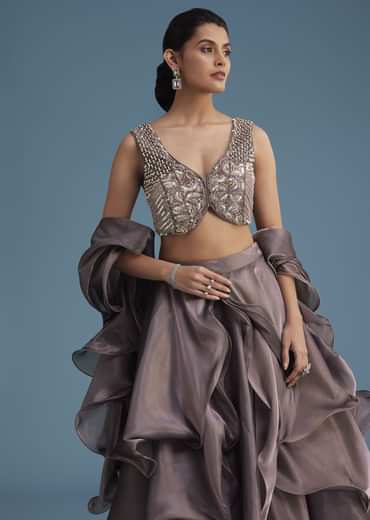 Purple Organza Ruffle Lehenga Set With Embellished Blouse