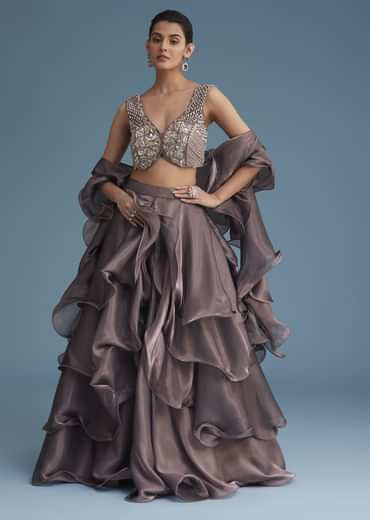 Purple Organza Ruffle Lehenga Set With Embellished Blouse