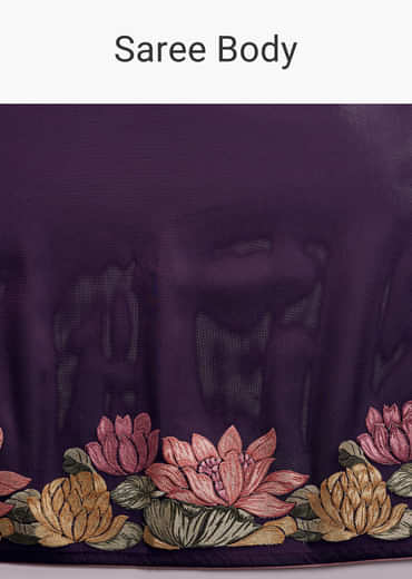 Purple Organza Silk Saree With Floral Resham Embroidery And Cutwork