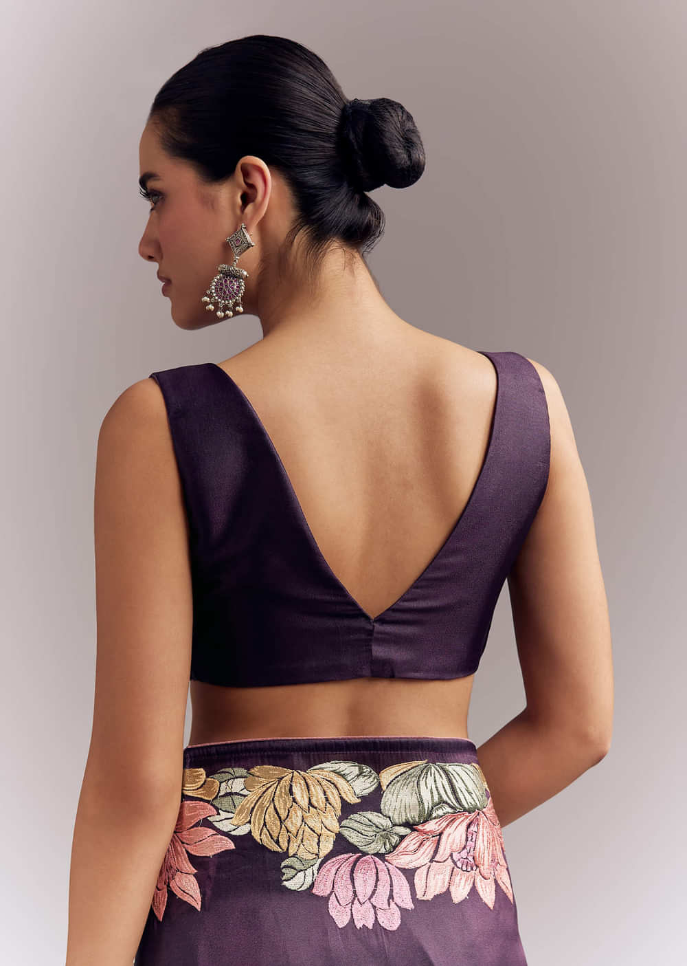 Purple Organza Silk Saree With Floral Resham Embroidery And Cutwork